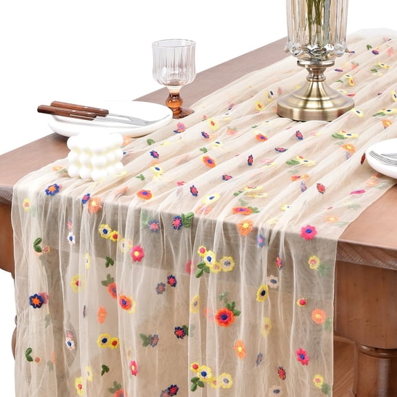 VALUNE 3pcs Champagne Embroidery Daisy Tulle Table Runner, 10ft Florals Spring Summer Seasonal Runner, Easter Holiday Decoration for Kitchen Dining Table, Home Party Indoor Use
