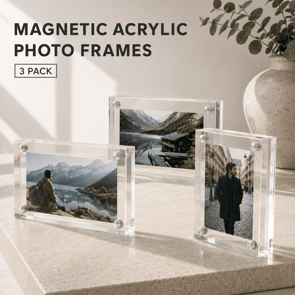 VALUNE 3pcs Clear magnetic acrylic frames, 2.5"3.5", 10+10mm thick. Freestanding holders for instant photos and wallet pictures on tabletop.