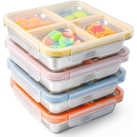 VALUNE 4 Pack Stainless Steel 4-Compartment Snack Containers with Lids, Leakproof Reusable Bento Boxes, Dishwasher Safe Food Storage for Adults, Office, Travel & Meal Prep (4pack-a)