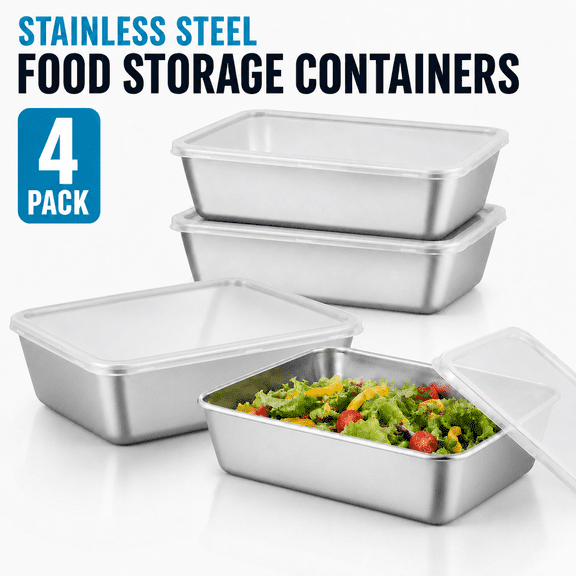 VALUNE 4 Pcs Stainless Steel Food Containers with Clear Lids, Stackable Snack Storage Boxes, Deli Meat Keeper for Refrigerator, Picnic, BBQ Party, Office and Gym Lunch