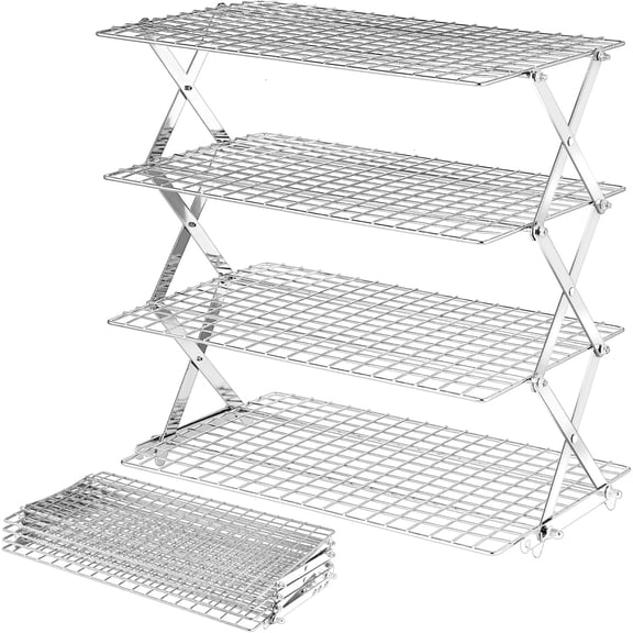 VALUNE 4-Tier Collapsible Stainless Steel Cooling Rack, Adjustable Leak-Proof Mesh Baking Rack with X-shaped Stable Structure, Dishwasher Safe for Kitchen Baking Use