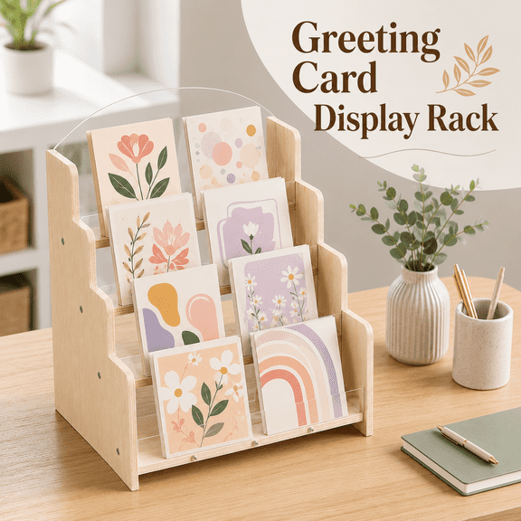 VALUNE 4-Tiered Wooden & Acrylic Greeting Card Display Stand, Counter Retail Sticker Display Holder for Vendors, Suitable for Postcard, Brochure, Photos and Picture