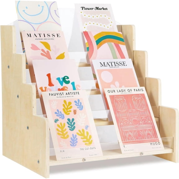 VALUNE 4-Tiered Wooden & Acrylic Greeting Card Display Stand, Counter Retail Sticker Display Holder for Vendors, Suitable for Postcard, Brochure, Photos and Picture