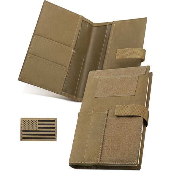 VALUNE 5.5"x 8" Tactical Book Cover for Military Log Book, Detachable Army Field Notebook Cover with Flag Patch, Green Book Protective Holder for Protecting Notes and Book (Tan, 5.7x8.7 in)