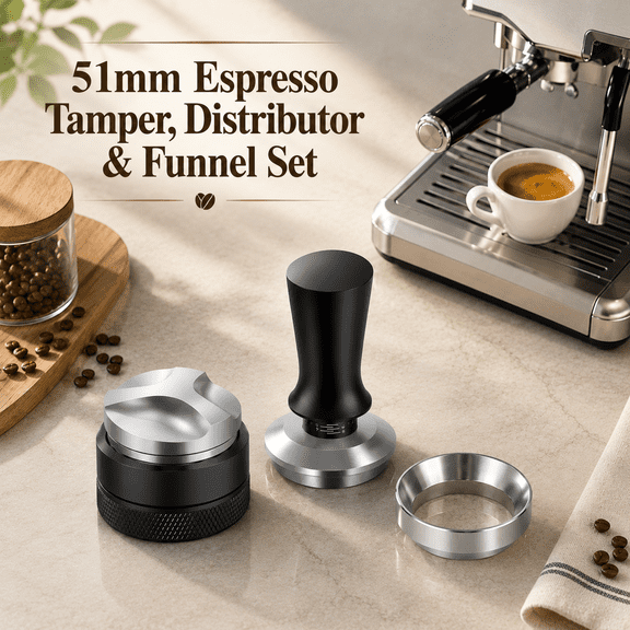 VALUNE 51mm Espresso Accessories Kit, Spring Loaded Calibrated Tamper and Dosing Funnel Set, Espresso Distribution Tool, Coffee Distributor Leveler Fits Delonghi CASABREWS and atatix 51 mm Machines