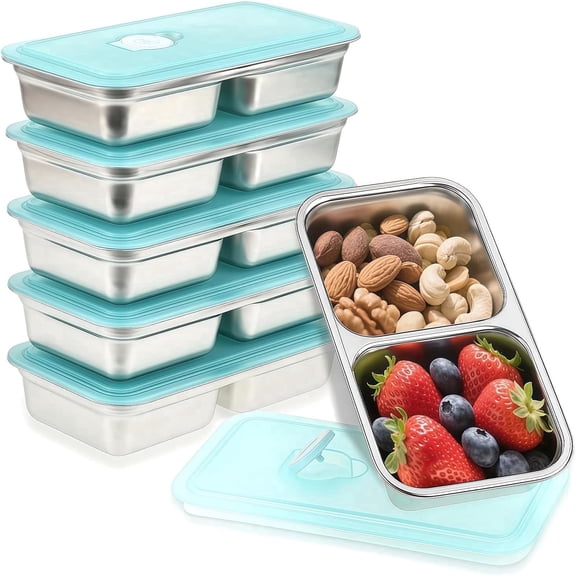 VALUNE 6-Pack Stainless Steel Dual Compartment Snack Containers with Lids, Reusable Bento Boxes for Travel, Camping and Lunch Prep