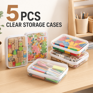 VALUNE 6 Pcs Large Clear Zippered Hard Pouch, Stackable Portable Storage Bins Zipper Bag, White