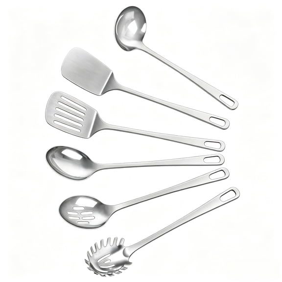 VALUNE 6 Pcs Silver Cooking Utensils Set, Stainless Steel Heat Resistant Metal Kitchen Tools, Include Solid & Slotted Turner, Wok Spatula, Serving Spoon, Ladle and Pasta Server, Easy to Clean