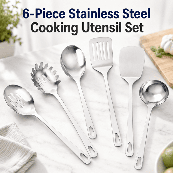 VALUNE 6 Pcs Silver Cooking Utensils Set, Stainless Steel Heat Resistant Metal Kitchen Tools, Include Solid & Slotted Turner, Wok Spatula, Serving Spoon, Ladle and Pasta Server, Easy to Clean