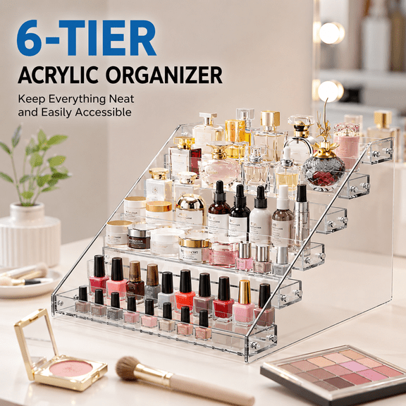VALUNE 6 Tier Acrylic Display Shelf,Tiered Display Stand Risers Display Stands, Perfume Organizer, Cupcake Stand, Sticker Display, Card Display Stand Card Stands For Display,Figure Display,Spice Rack