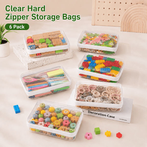 VALUNE 6PCS Clear Hard Shell Zipper Case, Hard Plastic Portable Cosmetic Bag, Toy Storage Organizer Bins, Clear Organizing Bags
