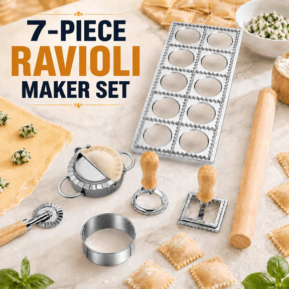 VALUNE 8 Pieces Ravioli Mold Set, Ravioli Maker Cutter with Roller Wheel and Wooden Handle, Ravioli Cutter Set, Pasta Making Kit for Ravioli Press Mold, Suitable for home and restaurant use