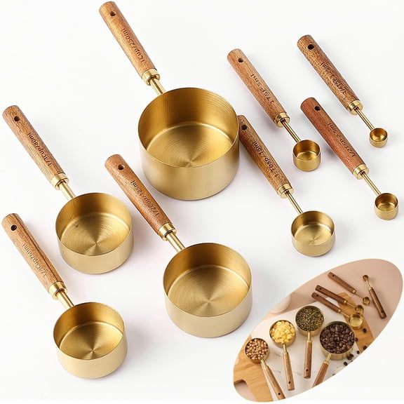 VALUNE 8Pcs Golden Stainless Steel Measuring Cups & Spoons Set with Wooden Handles, Nesting Metal Kitchen Measuring Utensils Ideal for Baking, Cooking and Food Ingredient Measuring