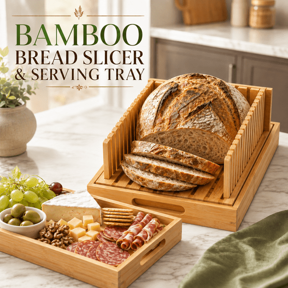 VALUNE Bamboo Bread Cutting Guide with Crumb Catcher Tray & Serving Board, Sturdy Bread Slicer for Homemade Loaf Sandwich Baking Bread Cutter Machine