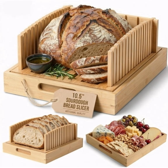 VALUNE Bamboo Bread Cutting Guide with Crumb Catcher Tray & Serving Board, Sturdy Bread Slicer for Homemade Loaf Sandwich Baking Bread Cutter Machine