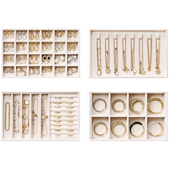 VALUNE Beige Velvet 4-Layer Stackable Jewelry Tray with Removable Dividers, Jewelry Storage Organizer for Vanity and Dresser
