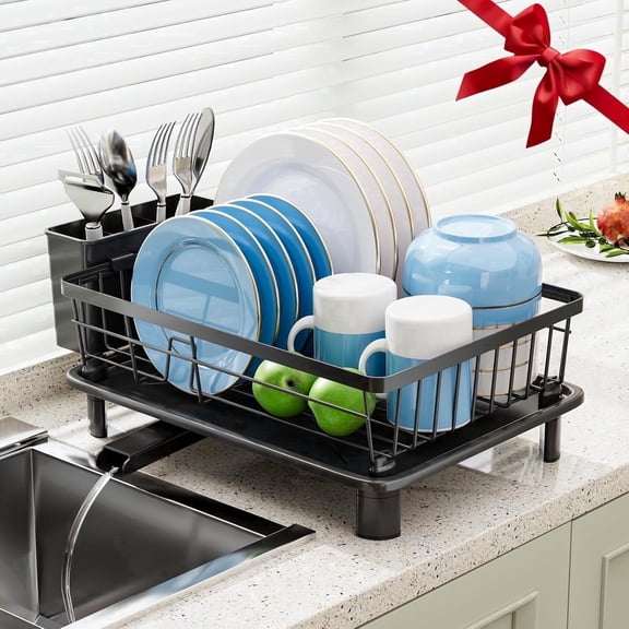 VALUNE Black Stainless Steel Dish Drying Rack 11"W x 15"L with Utensil Holder, Drainboard and Adjustable Drain Outlet