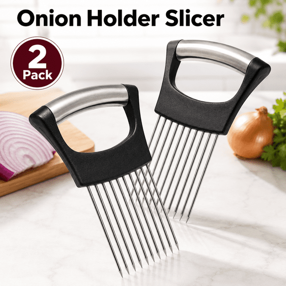 VALUNE (Black, 2 Pack) Onion Slice Holder, 2024 New Stainless Steel Holder for Slicing, Chopper Assistant Tool, Cutter for Meat, Onion, Potato, Tomato Kitchen Gadgets