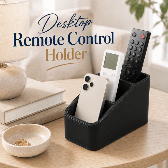 VALUNE Black 3 Compartments PU Leather Remote Control Holder, Pen Remote Organizer Small Desk Organizer, Office Supply Bedside Caddy for Nightstand End Table Couch