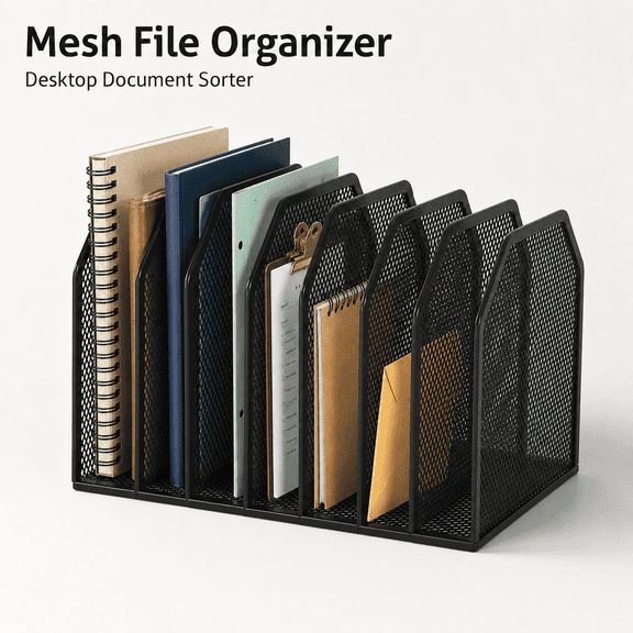 VALUNE Black 7-Section Metal Mesh Desk File Folder Organizer 12.8x8.5x7.9, Vertical Heavy-Duty Document Sorter for Books, Binders, Laptops, Office Desk Holder