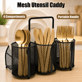 VALUNE Black Utensil Caddy Silverware Holder, 4 Compartment Metal Mesh Flatware Organizer, Cutlery Fork Spoon Napkin Plate Storage Basket for Kitchen Countertop, Buffet, Picnic, Camping & Outdoor BBQ