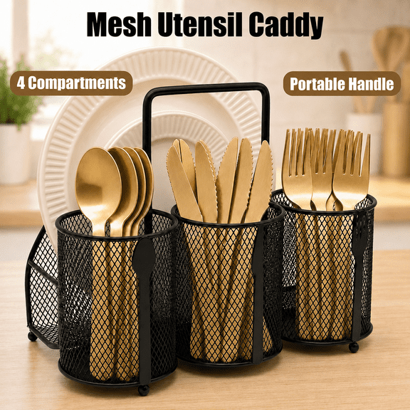 VALUNE Black Utensil Caddy Silverware Holder, 4 Compartment Metal Mesh Flatware Organizer, Cutlery Fork Spoon Napkin Plate Storage Basket for Kitchen Countertop, Buffet, Picnic, Camping & Outdoor BBQ