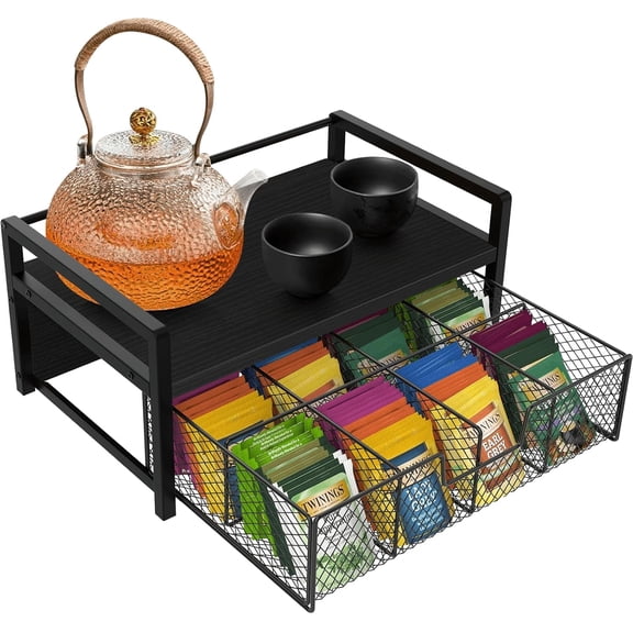 VALUNE Black Wood Tea Bag Organizer, 8 Compartments Teabag Holder with Drawer, Tea Organizers and Storage Box, Tea Caddy Station Chests Display Container for Counter Kitchen