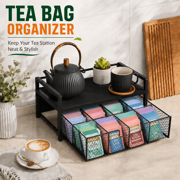 VALUNE Black Wood Tea Bag Organizer, 8 Compartments Teabag Holder with Drawer, Tea Organizers and Storage Box, Tea Caddy Station Chests Display Container for Counter Kitchen