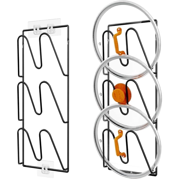 VALUNE Classic Black 2 Pack 6-Tier Rustproof Lid Organizer, Adhesive Wall Mounted Rack for Cabinet & Kitchen Storage
