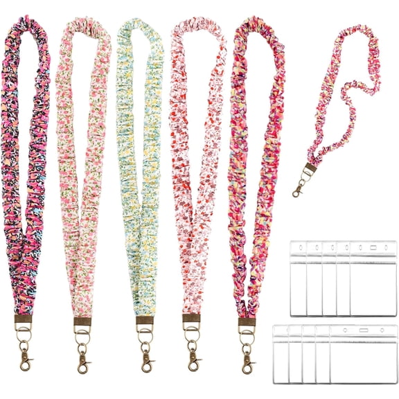 VALUNE Colorful Floral Scrunchie Lanyards 5 Pcs, Stretchy Neck Keychain with Clip, ID Badge Sets with 10 Card Holders for Nurses Teachers