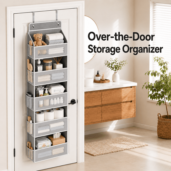 VALUNE Grey 5-Tier over-the-Door Hanging Organizer, 5 Large & 10 Side Pockets, 44 lb Capacity, Storage Shelf for Closet, Wall, Bedroom, Bathroom