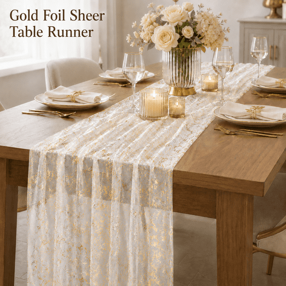 VALUNE Golden Centerpieces Table Decorations for Party Wedding Christmas Birthday, 10 Pack 10ft Gold Table Runners, Sheer Chiffon Tulle Cheesecloth Sequin Glitter Metallic
