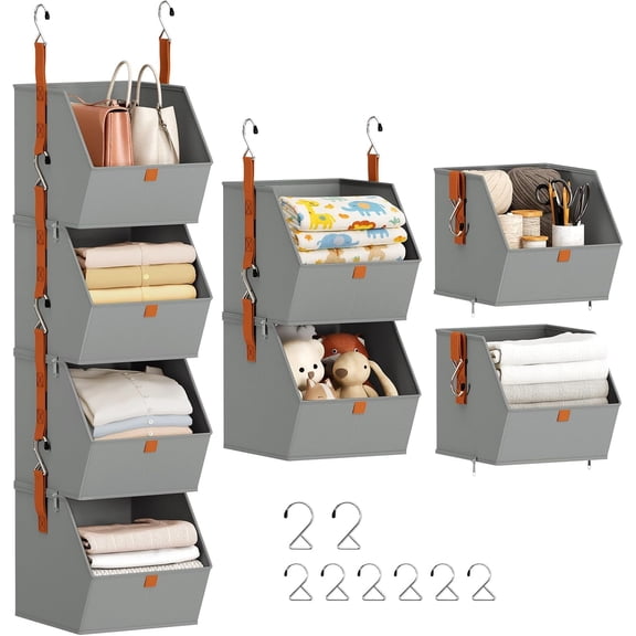 VALUNE Grey 4 Tier Hanging Closet Organizer, Clothes Hanging Shelves Space-Saving Closet System, Collapsible Fabric Storage Bins for Bedroom, Home, Dorm, RV
