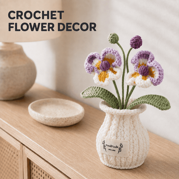 VBNDMAW Crochet Orchid Flower Pot, Handmade Knitted Purple Floral Decor, Birthday Gift for Women, Desk Decoration for Home and Office