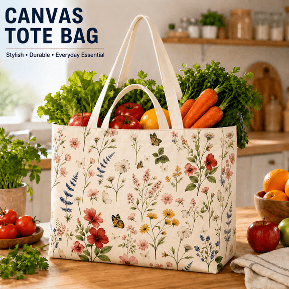 VALUNE Extra Large Reusable Canvas Grocery Tote Bag, Shopping Shoulder Bags with 2 Handle Strap & 6 Inner Pockets