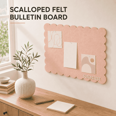 VALUNE Decorative Self Adhesive Wall Felt Vision Board, Mauvey Pink 24×18 Inch Scalloped Foldable Bulletin Board with 30 Pushpins