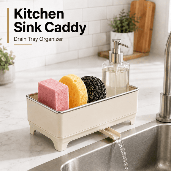 VALUNE Off-White Rustproof Stainless Steel Sink Sponge Holder with 360° Rotating Drain and Drip Tray, Large Kitchen Counter Organizer