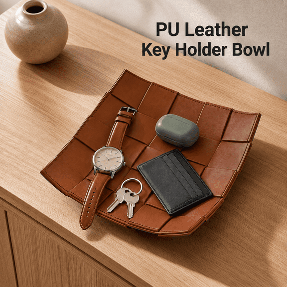 VBNDMAW Valet Tray, PU Leather Catchall Organizer for Keys Wallet Watch Phone, Desk Nightstand Entryway Accessory Tray, 9.8 x 9.8 x 2 in