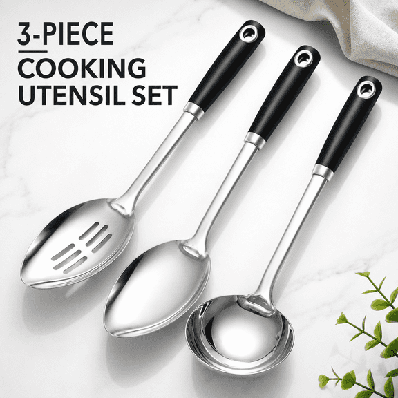 VALUNE Pack of 3 14-in Cooking Spoons Set, Heavy Duty 18/0 Stainless Steel Large Serving Spoons Set, Slotted Spoon, Cooking Spoon & Soup Ladle, Commercial and Residential Use