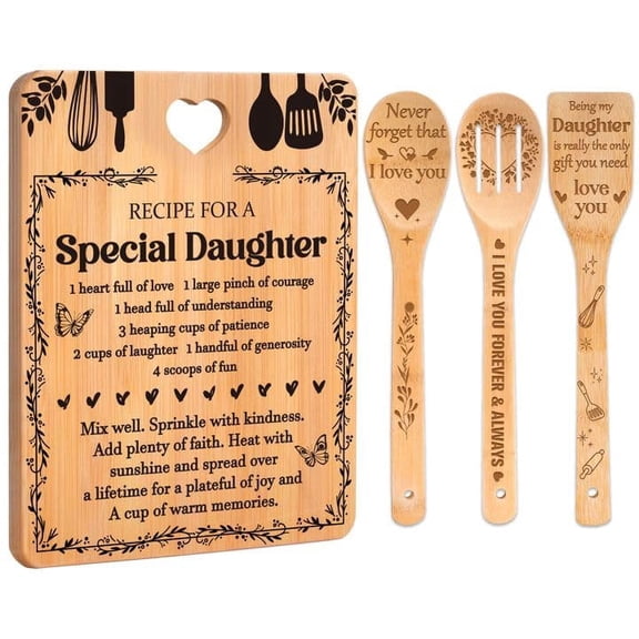 VALUNE "Recipe for a Special Daughter" Bamboo Cutting Board & Engraved Utensil Set, Warm Birthday & Festival Gifts for Daughter, Thoughtful Home Kitchen Gift