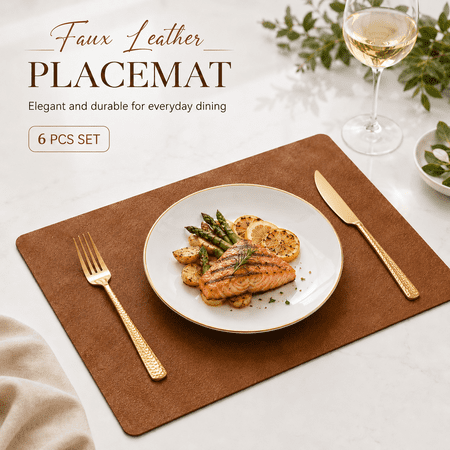 VALUNE 6 Pcs Reddish Brown Vinyl Placemats 12 X 17 Inch, Faux Leather 100% Waterproof Oil-Proof Wipeable PU Place Mats, Heat Resistant Reversible Table Mats for Kitchen, Dining, Outdoor