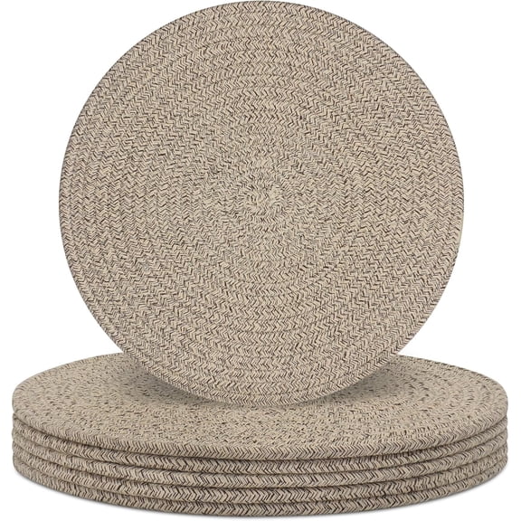 VALUNE Set of 6 Round Cotton Rope Woven Placemats, 13 Inch Non-Slip Heat Resistant Braided Table Mats & Hot Pads, Farmhouse Kitchen Table Decor in Brown