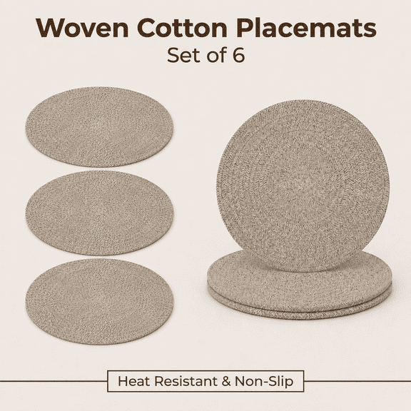 VALUNE Set of 6 Round Cotton Rope Woven Placemats, 13 Inch Non-Slip Heat Resistant Braided Table Mats & Hot Pads, Farmhouse Kitchen Table Decor in Brown