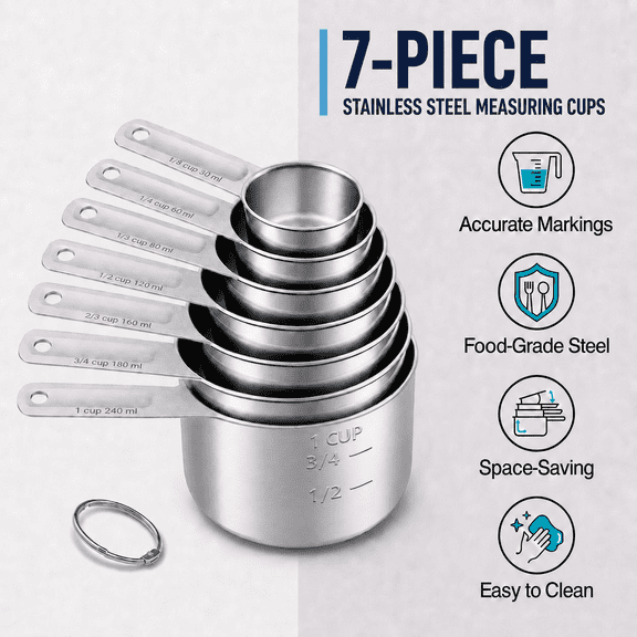 VALUNE Set of 7 Stainless Steel Measuring Cups Set, Kitchen Gadgets for Cooking & Baking