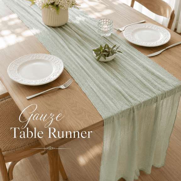 VALUNE Sheer Gauze Centerpiece Home Decor, Rustic Boho Cheese Cloth Runner for Wedding Bridal Shower, 3Pcs Sage Green Spring Easter Cheesecloth Table Runner 120 Inch 10 FT