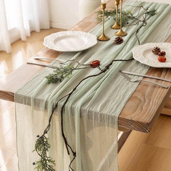 VALUNE Sheer Gauze Centerpiece Home Decor, Rustic Boho Cheese Cloth Runner for Wedding Bridal Shower, 3Pcs Sage Green Spring Easter Cheesecloth Table Runner 120 Inch 10 FT