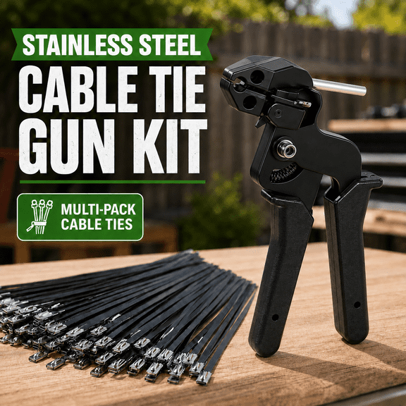 VALUNE Stainless Steel Fastening Cutting Gun with 100Pcs 11.8 Inch UV Proof Black Metal Zip Ties, Ideal for Exhaust Pipe and Chain Link Fence Binding