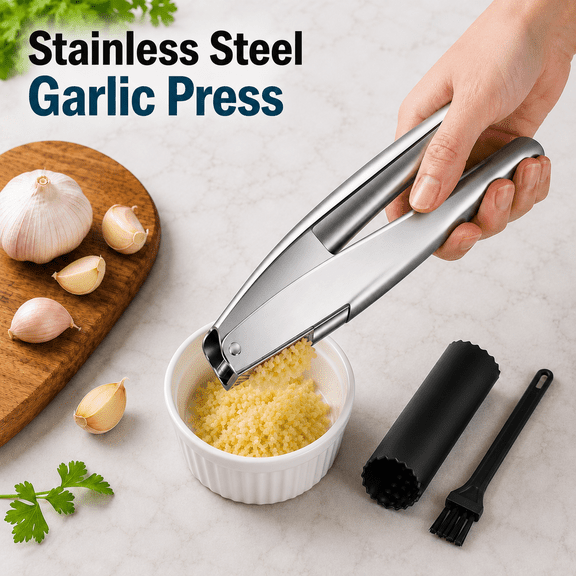 VALUNE Stainless Steel Garlic Press, Premium Garlic Mincer Tool, Garlic Ginger Crusher & Masher with No Need to Peel, Easy Squeeze Large Trough, Ergonomic Handle, Rust Proof, Dishwasher Safe