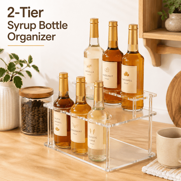 VALUNE Transparent Acrylic Coffee Syrup Organizer, 2 Tier Coffee Syrup Rack (6 Bottle Capacity), Syrup Bottle Holder Stand for Coffee Bar, Kitchen Countertop Syrups, Condiments and Wine