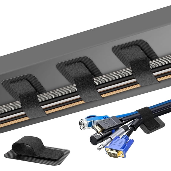 VALUNE Under Desk Cable Management, 40 Pair Black Wire Organizer, Adjustable Hook and Loop Ties & Clips, Holds Up to 15 Cords for Table Wire Hiding